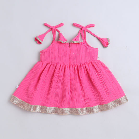 Many Frocks & Cotton Sleeveless Embroidered Lace Embellished Knee Length Flared Baby Jhabla Ethnic Dress - Pink & White