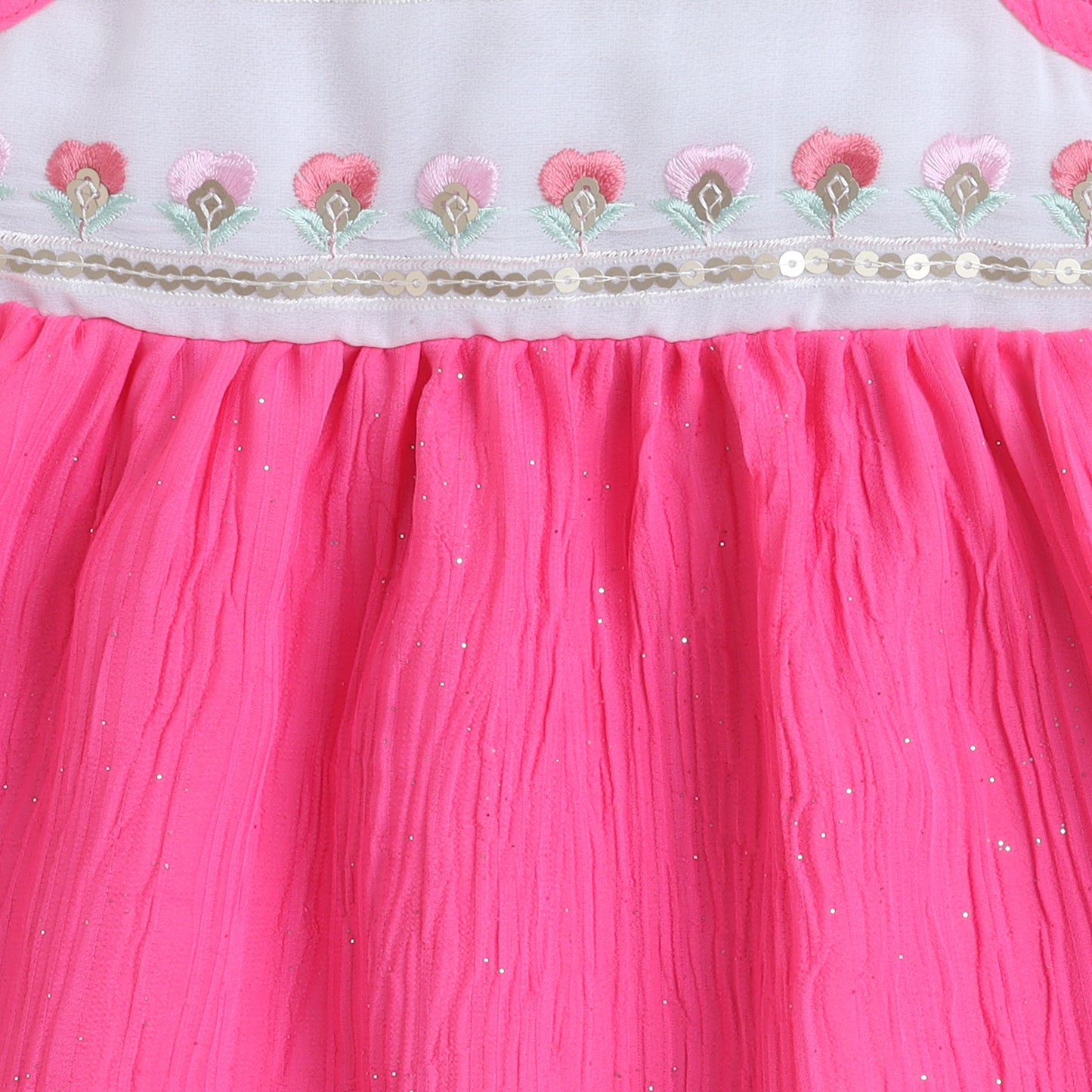 Many Frocks & Cotton Sleeveless Embroidered Lace Embellished Knee Length Flared Baby Jhabla Ethnic Dress - Pink & White