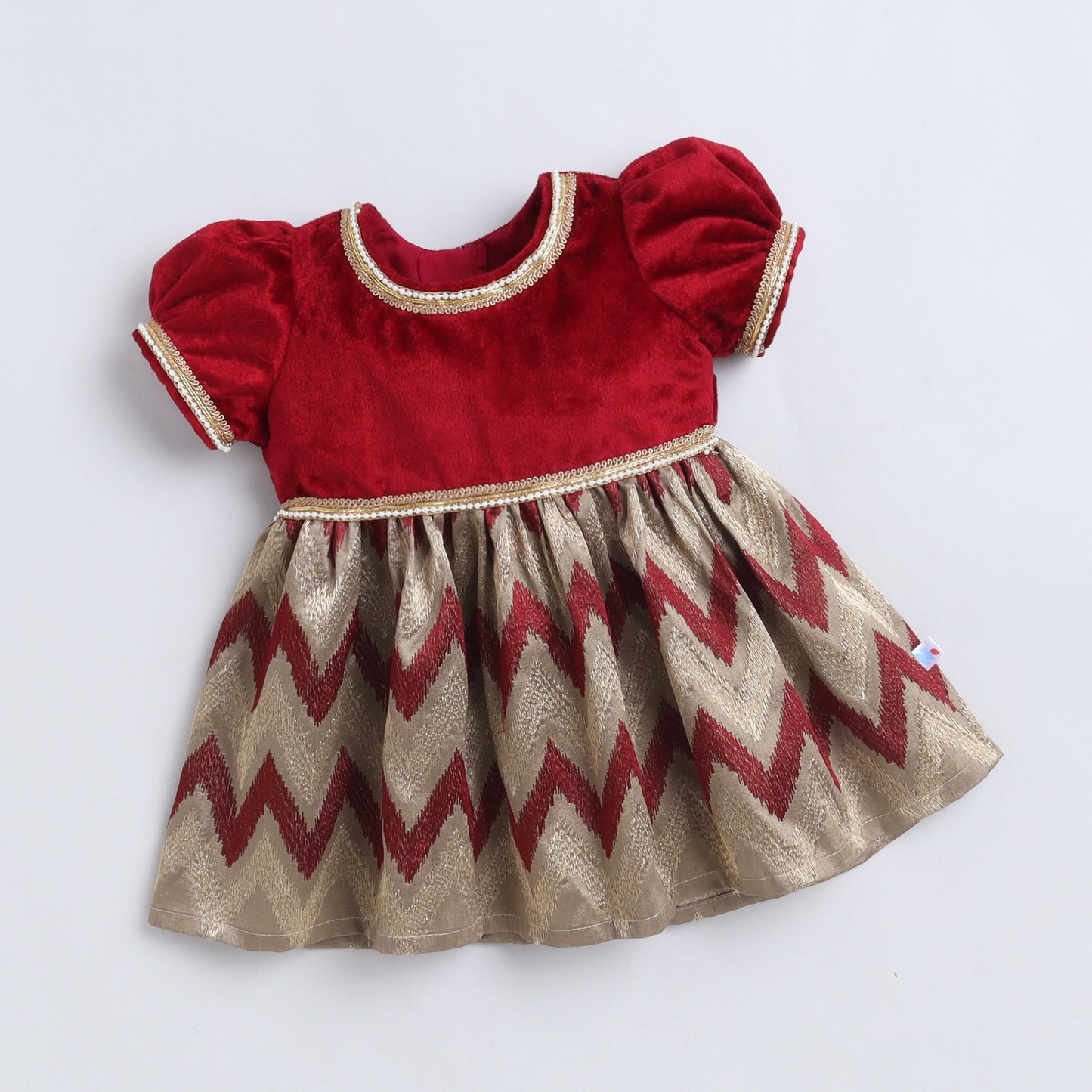 Many Frocks & Velvet Puff Sleeves Lace Embellished Knee Length Flared Baby Girls Ethnic Dress - Maroon