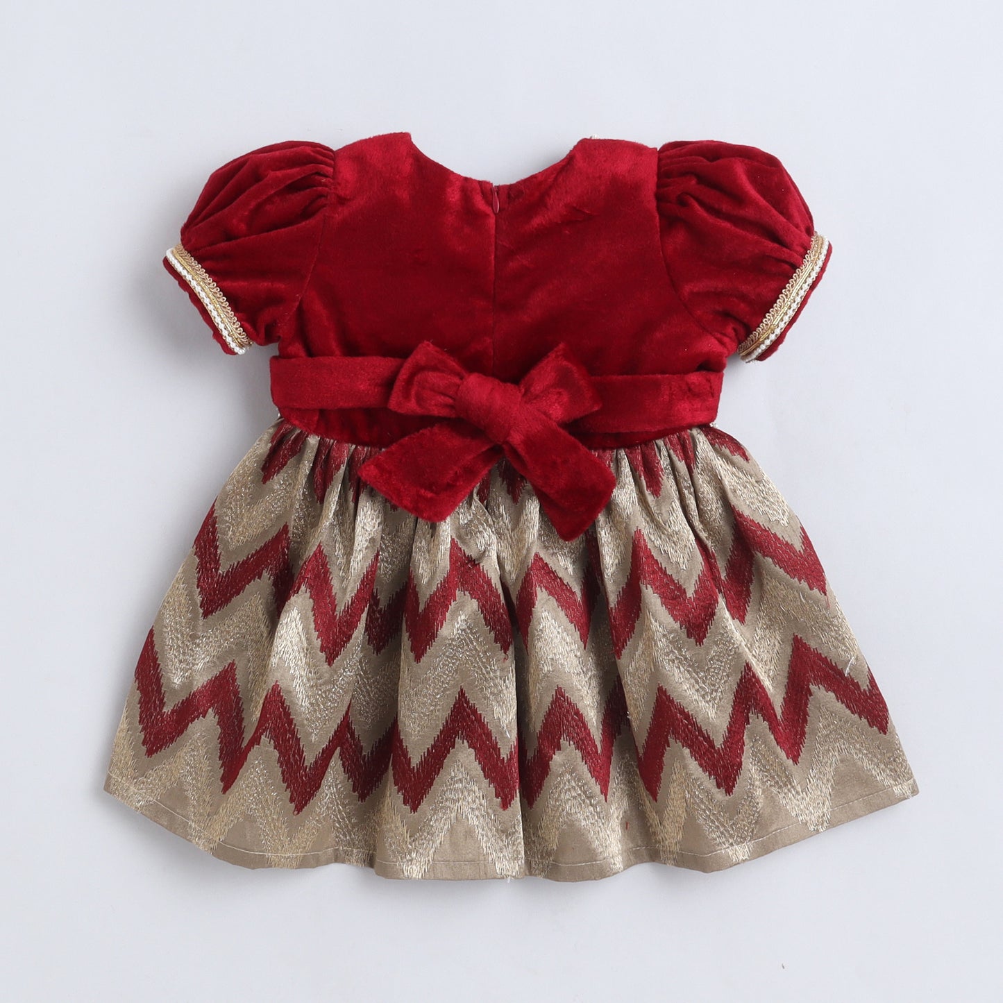 Many Frocks & Velvet Puff Sleeves Lace Embellished Knee Length Flared Baby Girls Ethnic Dress - Maroon