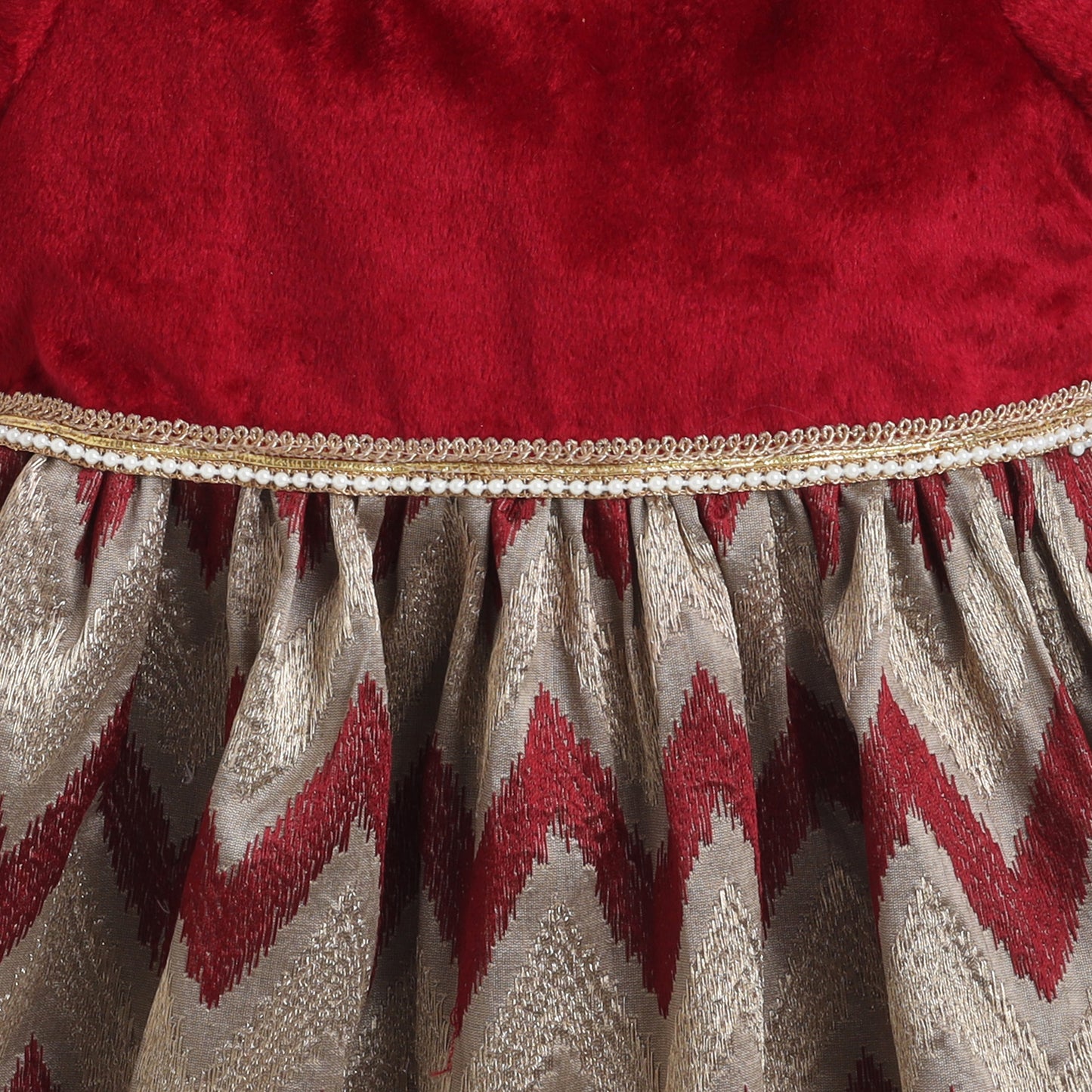 Many Frocks & Velvet Puff Sleeves Lace Embellished Knee Length Flared Baby Girls Ethnic Dress - Maroon