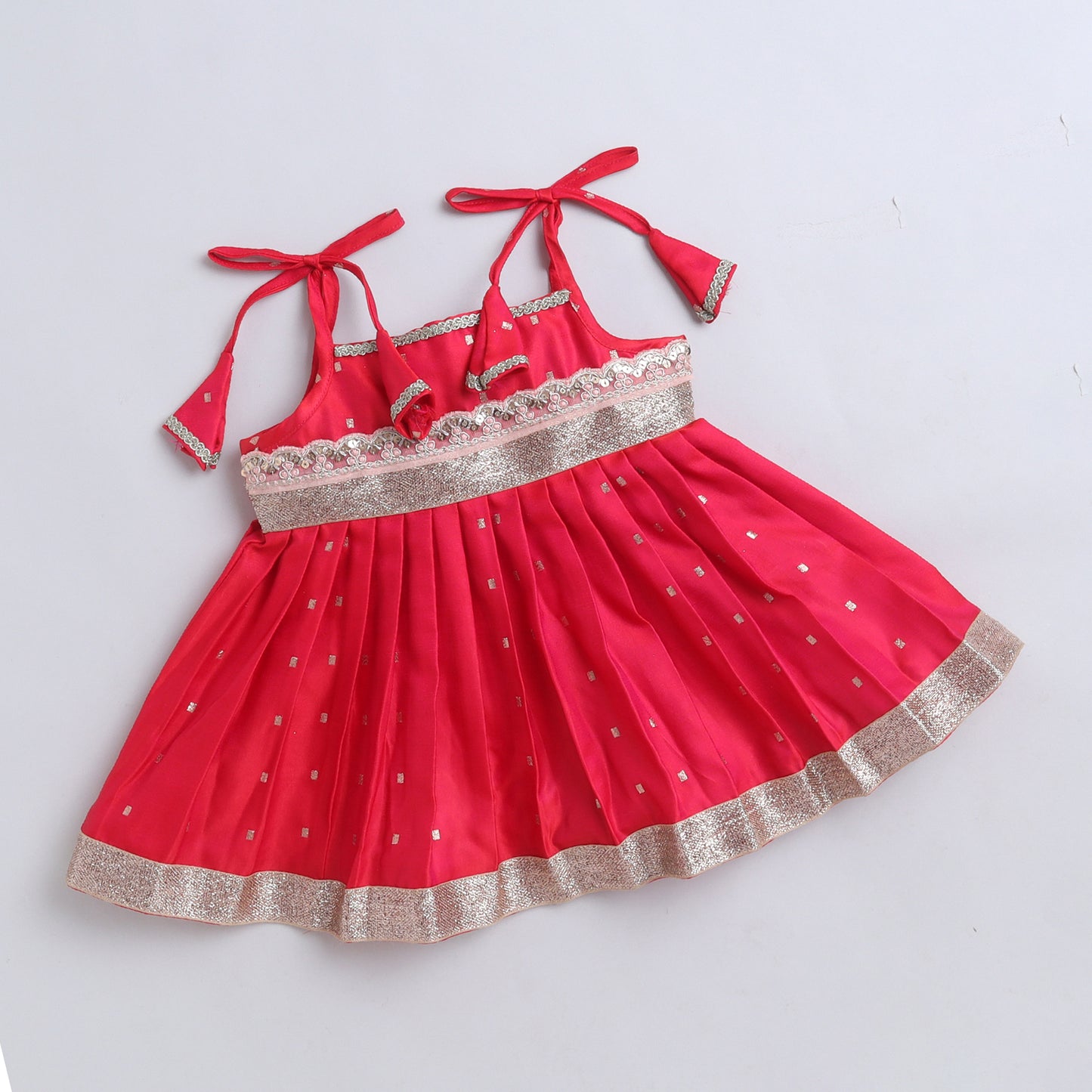 Many Frocks & Polysilk Sleeveless Woven Boti Lace Embellished Knee Length Flared Baby Girls Jhabla Ethnic Dress - Pink