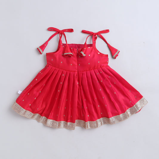 Many Frocks & Polysilk Sleeveless Woven Boti Lace Embellished Knee Length Flared Baby Girls Jhabla Ethnic Dress - Pink