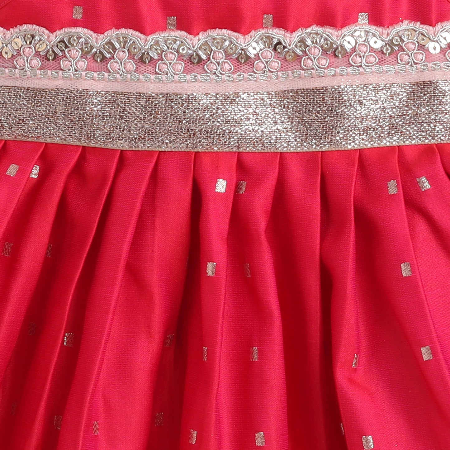 Many Frocks & Polysilk Sleeveless Woven Boti Lace Embellished Knee Length Flared Baby Girls Jhabla Ethnic Dress - Pink