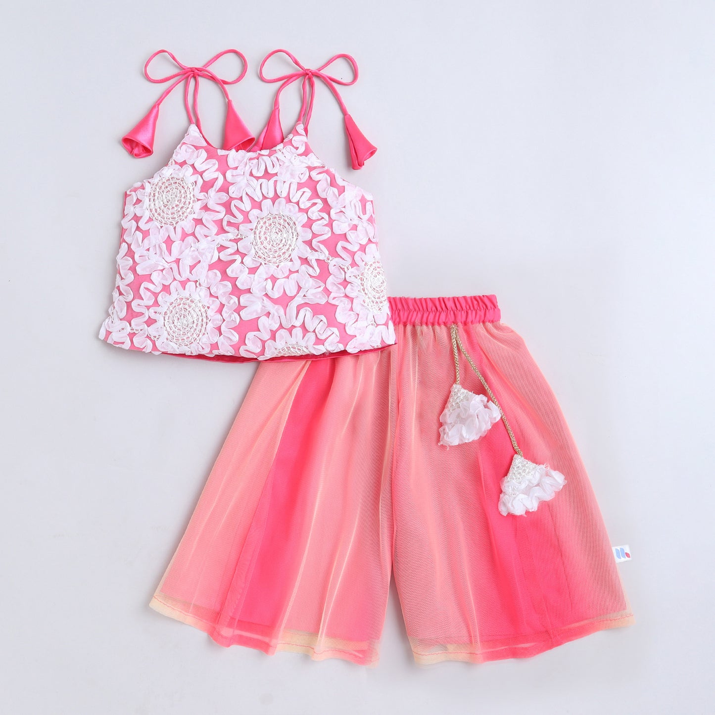 Many Frocks & Satin Sleeveless 3D Flower Top Latkan Embellished Full length Girl  Plazzo  Set- Pink & White