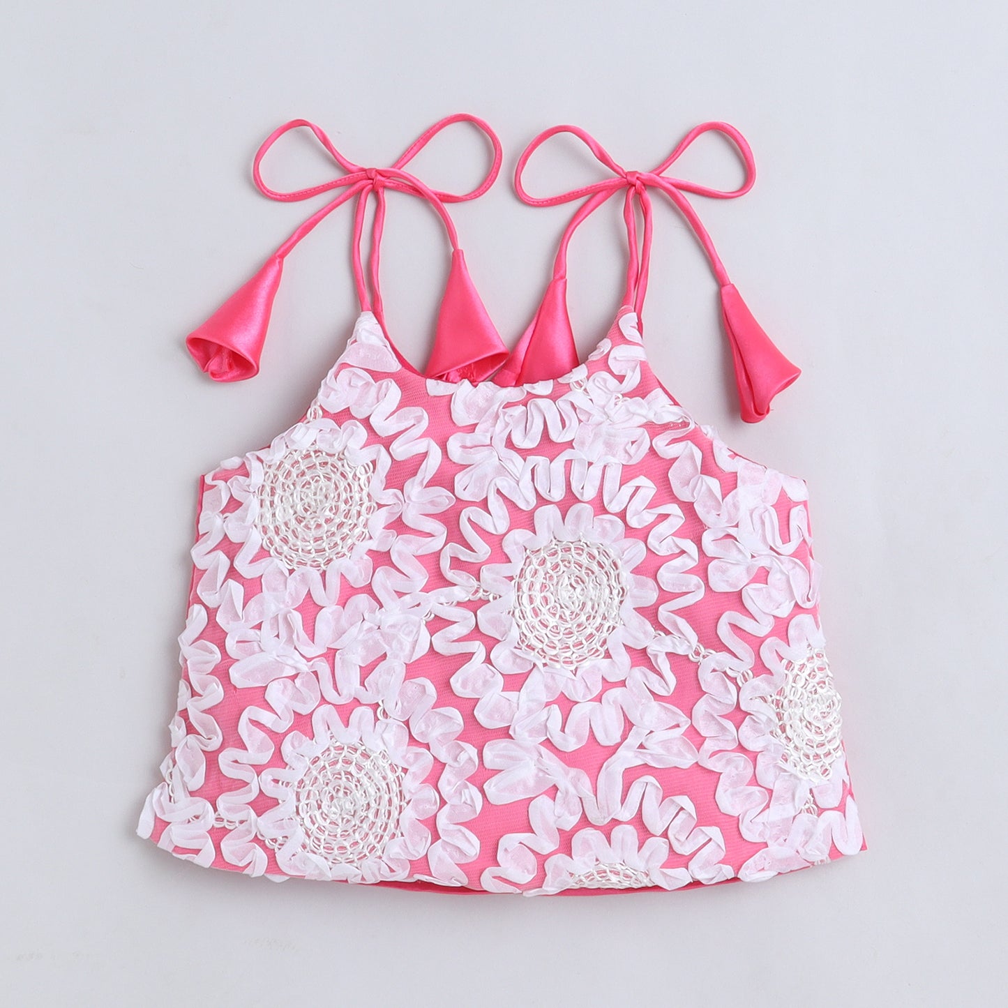 Many Frocks & Satin Sleeveless 3D Flower Top Latkan Embellished Full length Girl  Plazzo  Set- Pink & White