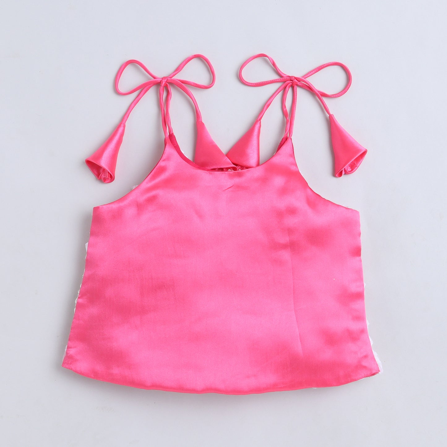 Many Frocks & Satin Sleeveless 3D Flower Top Latkan Embellished Full length Girl  Plazzo  Set- Pink & White
