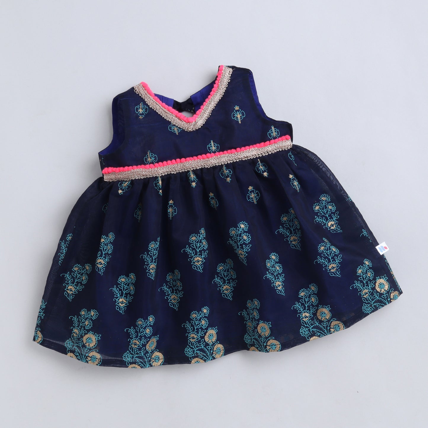 Many Frocks & Chanderi Sleeveless Printed Lace Embellished Knee Length Baby Ethnic Dress - Navy Blue