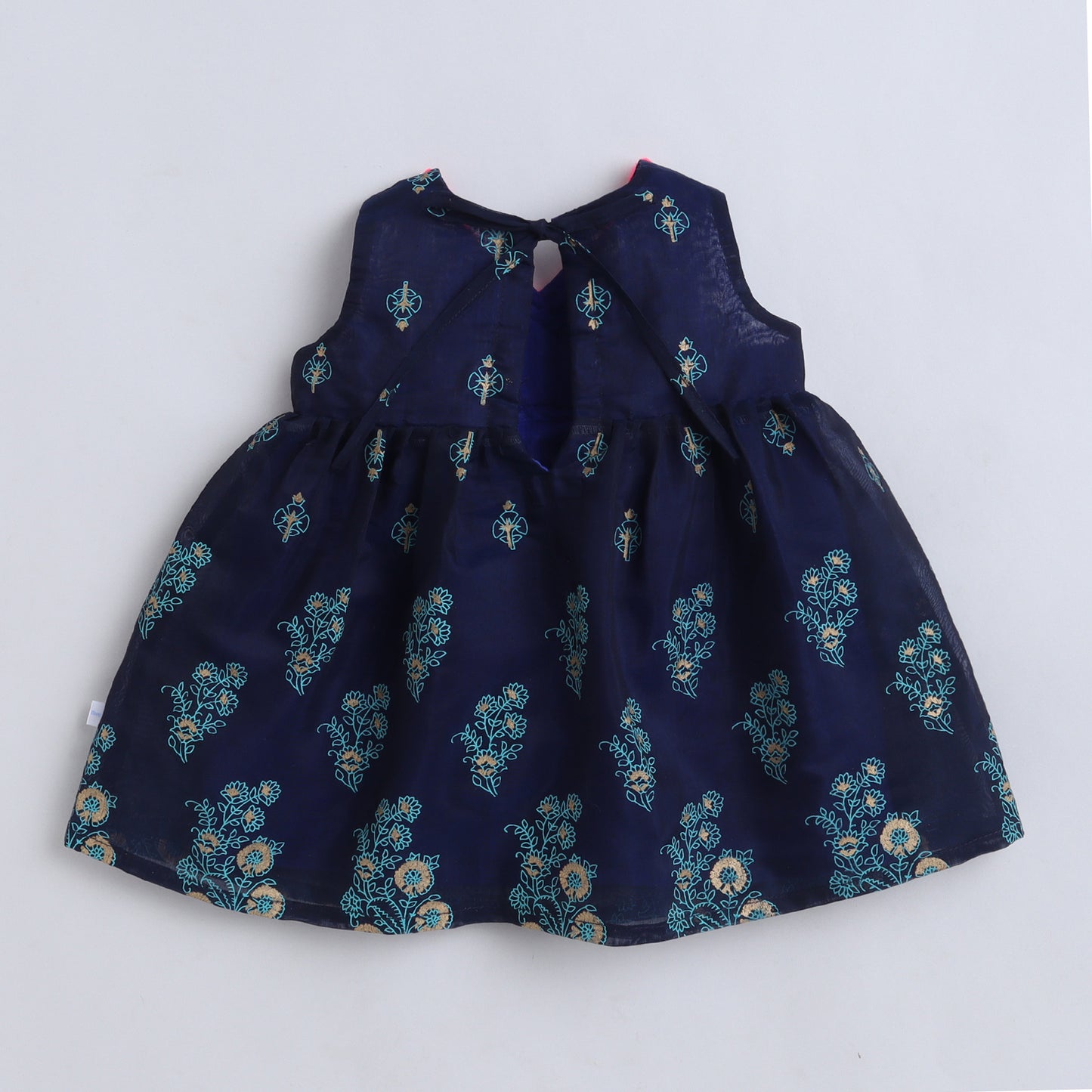 Many Frocks & Chanderi Sleeveless Printed Lace Embellished Knee Length Baby Ethnic Dress - Navy Blue