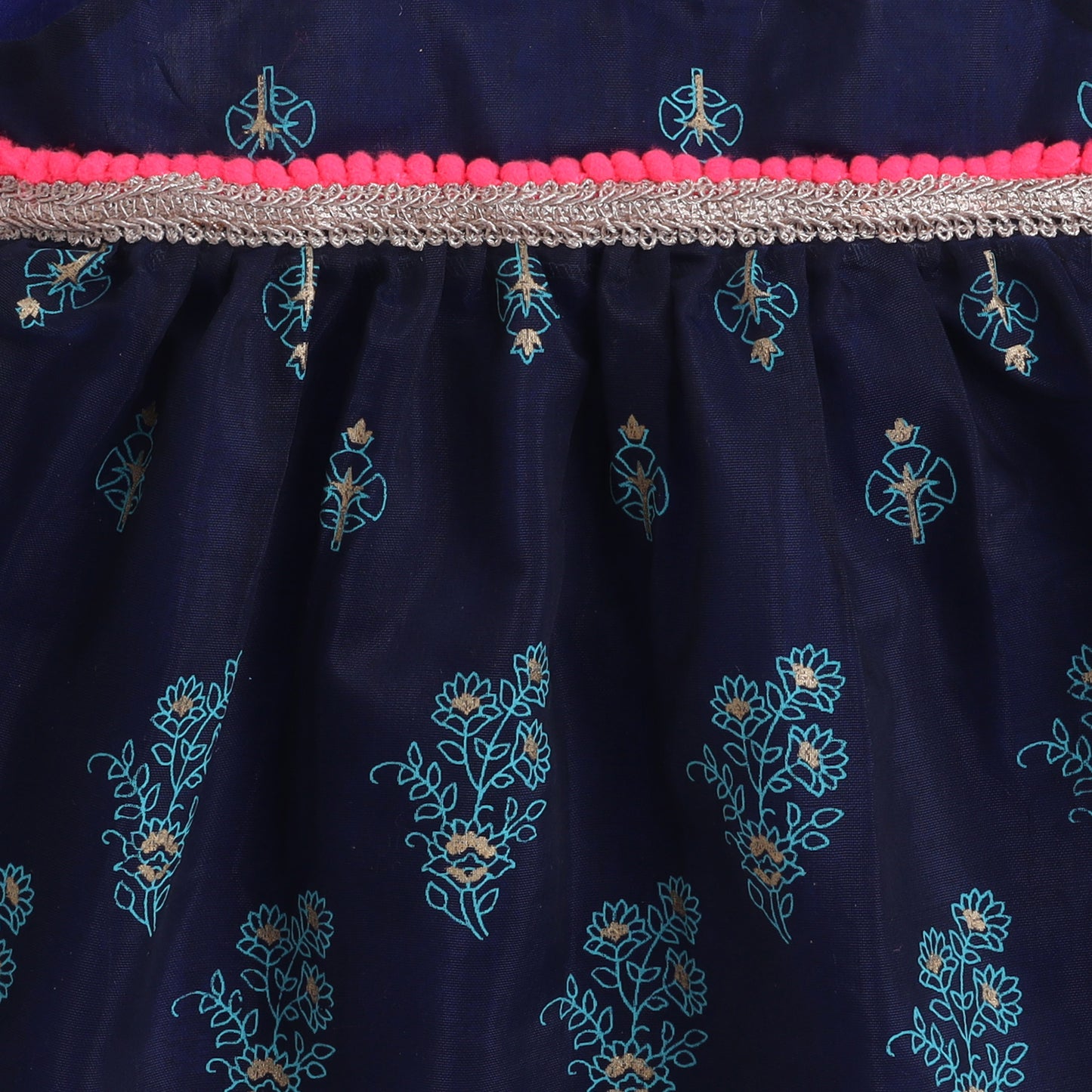 Many Frocks & Chanderi Sleeveless Printed Lace Embellished Knee Length Baby Ethnic Dress - Navy Blue