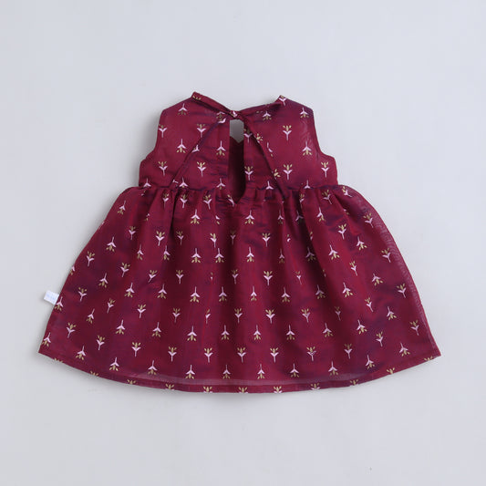 Many Frocks & Chanderi Sleeveless Printed Lace Embellished Knee Length Baby Ethnic Dress - Maroon