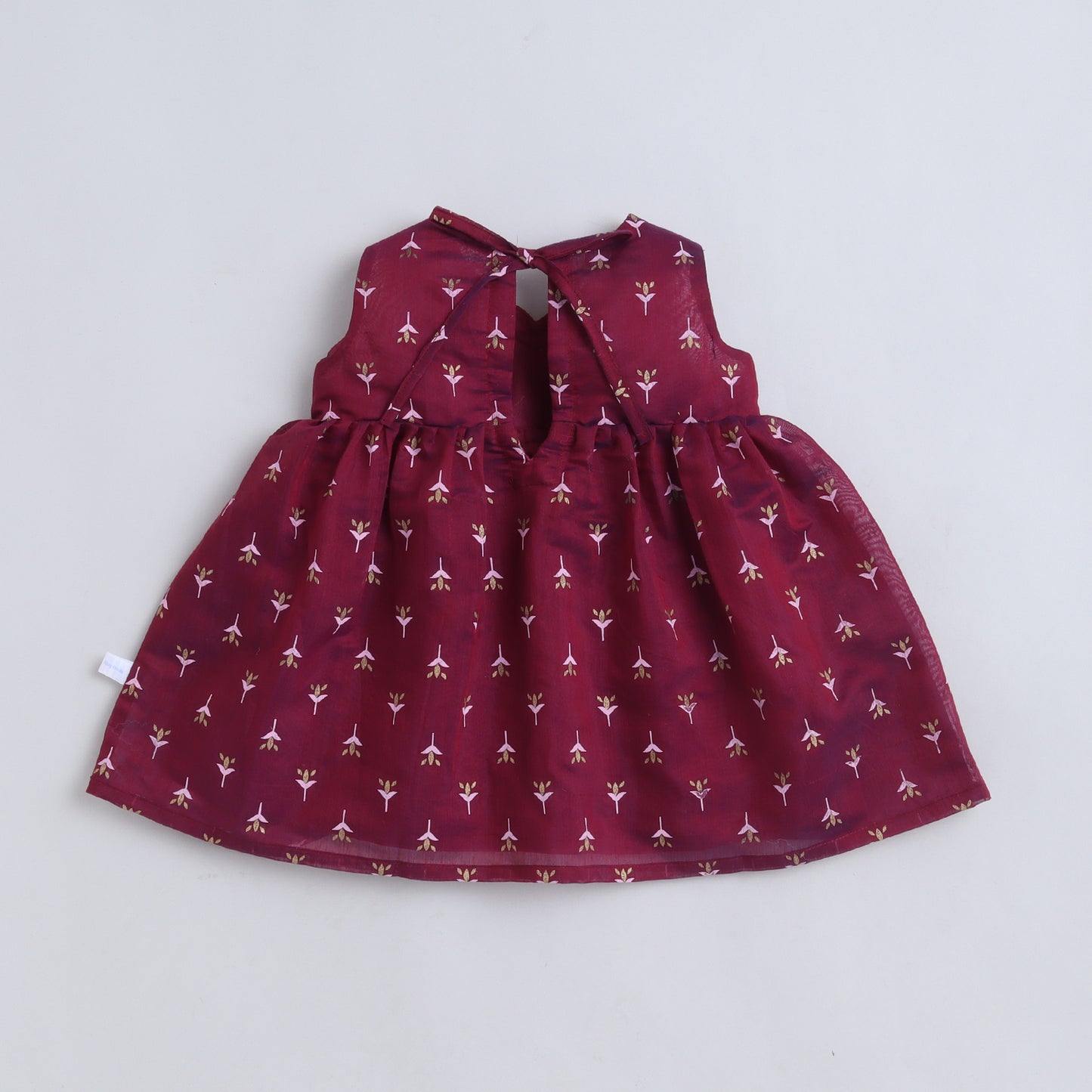 Many Frocks & Chanderi Sleeveless Printed Lace Embellished Knee Length Baby Ethnic Dress - Maroon