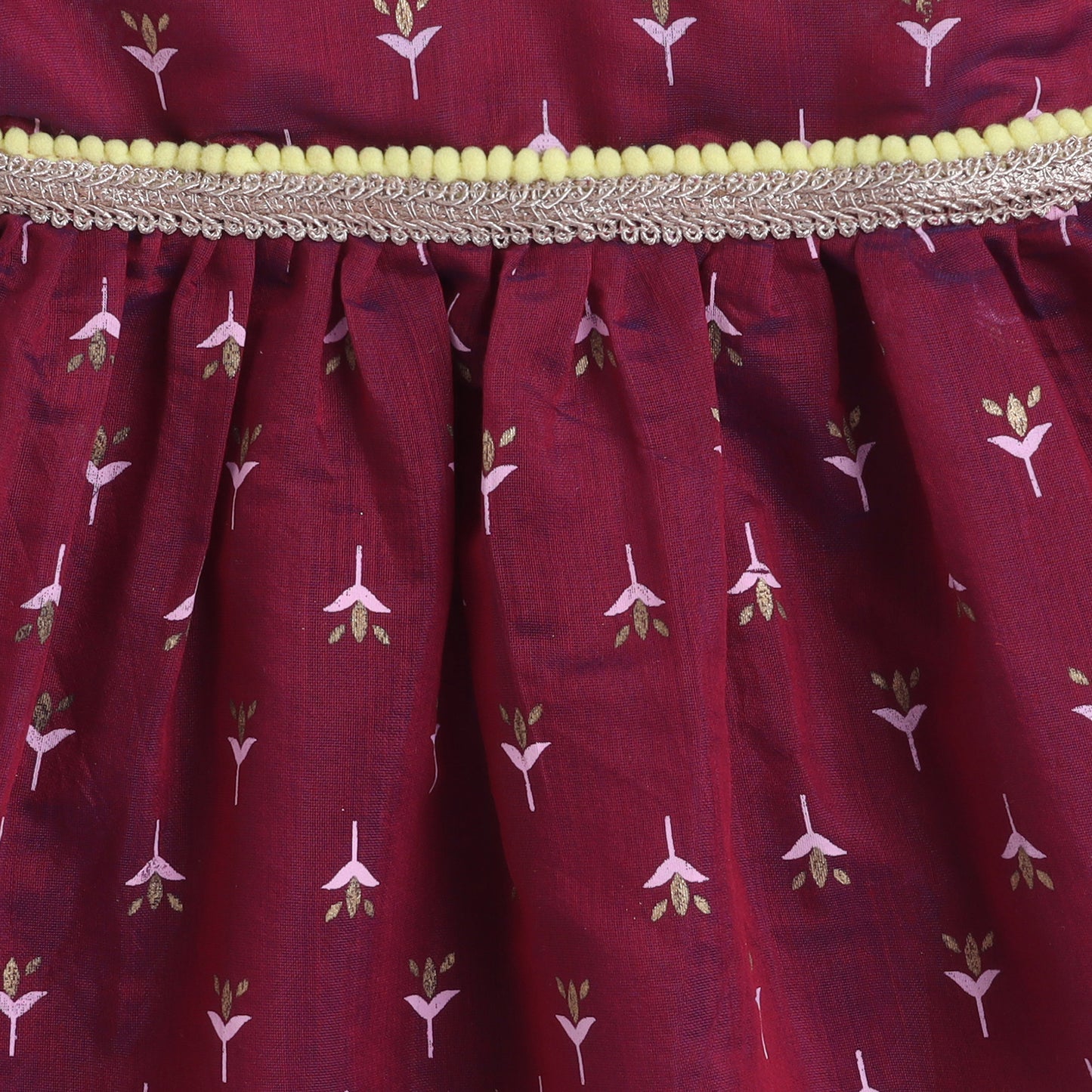 Many Frocks & Chanderi Sleeveless Printed Lace Embellished Knee Length Baby Ethnic Dress - Maroon