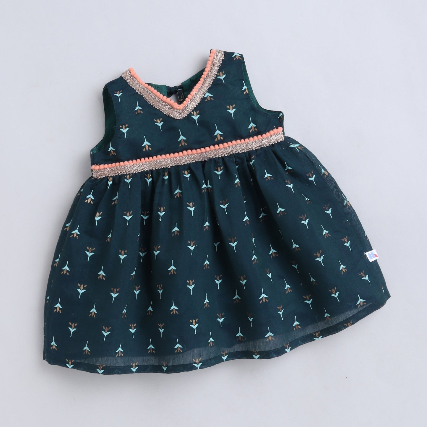 Many Frocks & Chanderi Sleeveless Printed Lace Embellished Knee Length Baby Ethnic Dress - Green