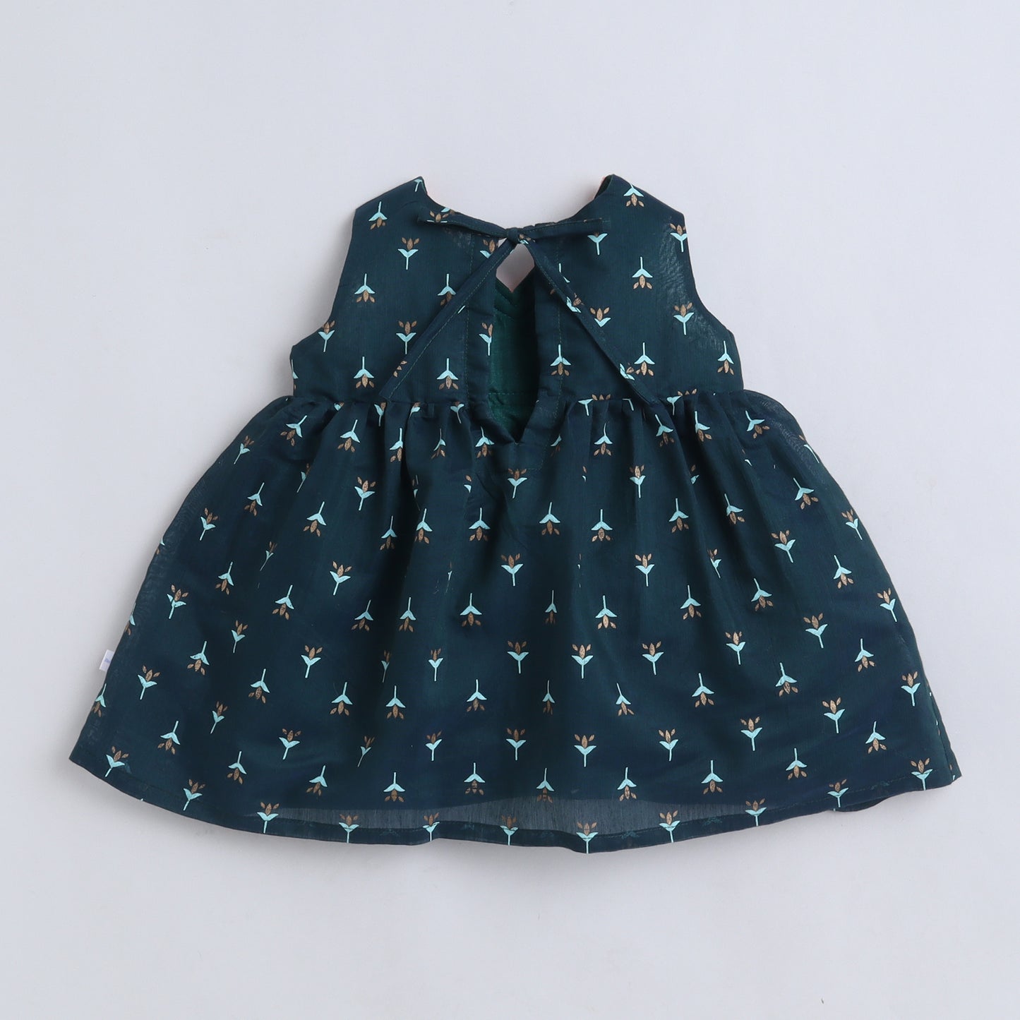 Many Frocks & Chanderi Sleeveless Printed Lace Embellished Knee Length Baby Ethnic Dress - Green