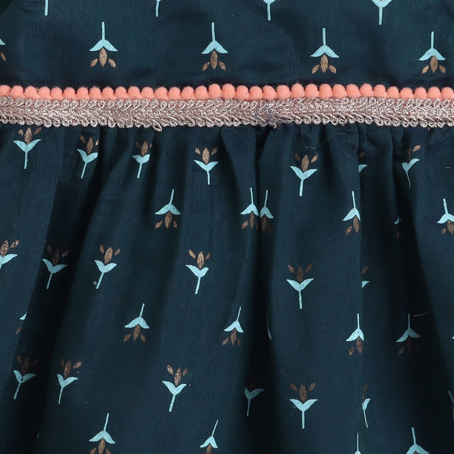 Many Frocks & Chanderi Sleeveless Printed Lace Embellished Knee Length Baby Ethnic Dress - Green
