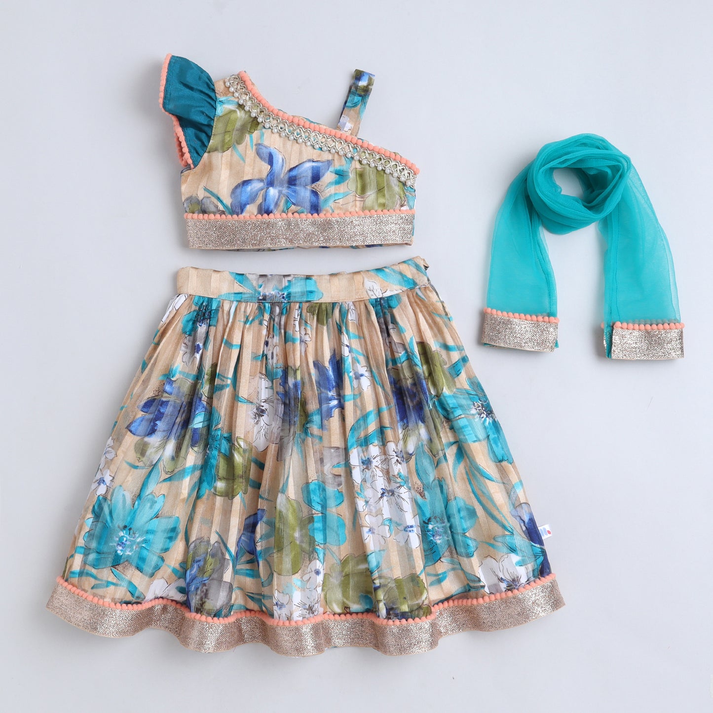 Many Frocks & Georgette One Shoulder Strap Flower Printed Lace embellished Lehenga Choli & Dupatta Set - Green