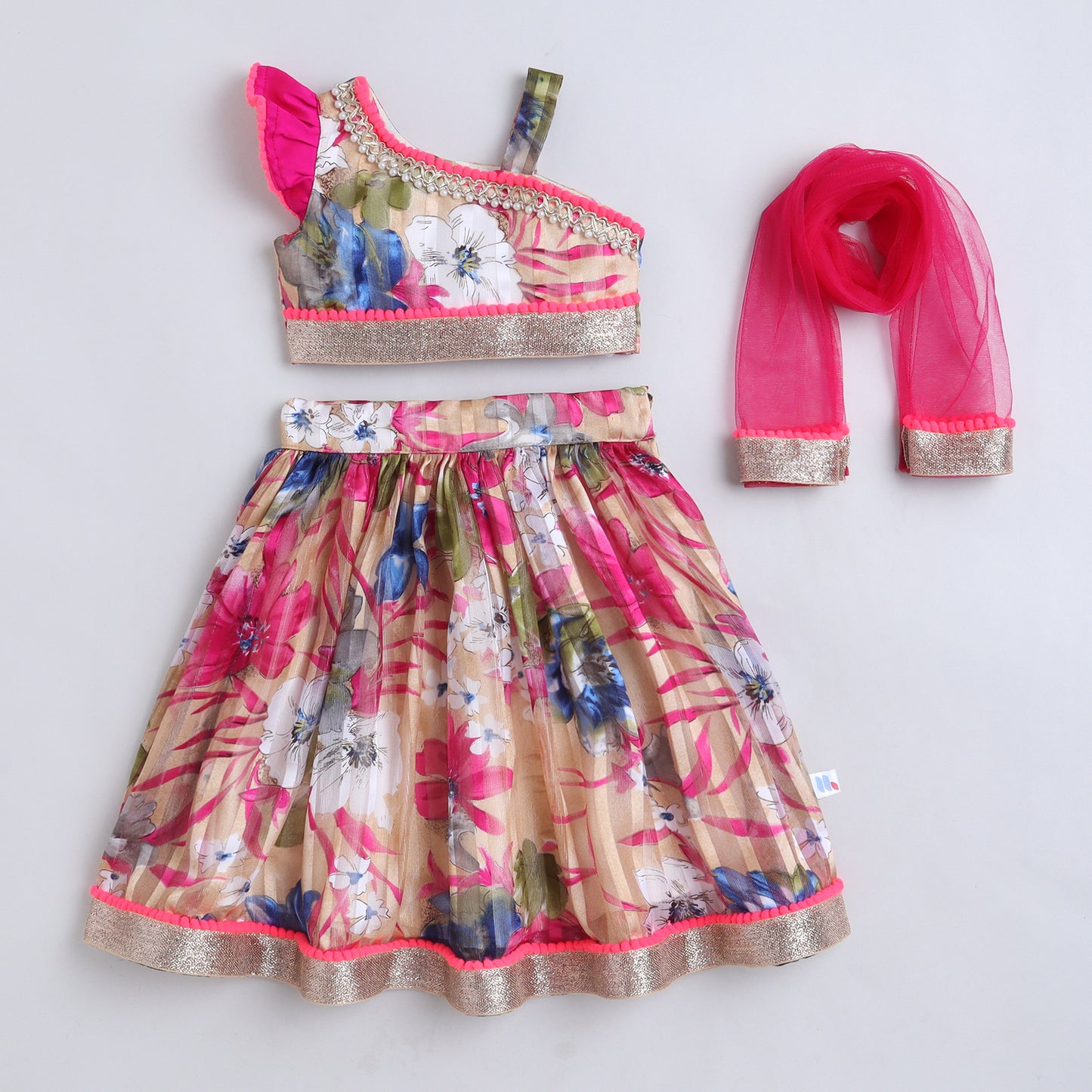 Many Frocks & Georgette One Shoulder Strap Flower Printed Lace embellished Lehenga Choli & Dupatta Set - Pink