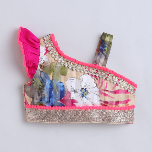 Many Frocks & Georgette One Shoulder Strap Flower Printed Lace embellished Lehenga Choli & Dupatta Set - Pink