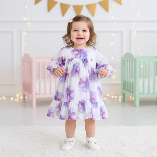 Many Frocks & Georgette Short Sleeves Flower Printed Knee Length Flared A Line  Girls Casual  Dress - White & Purple