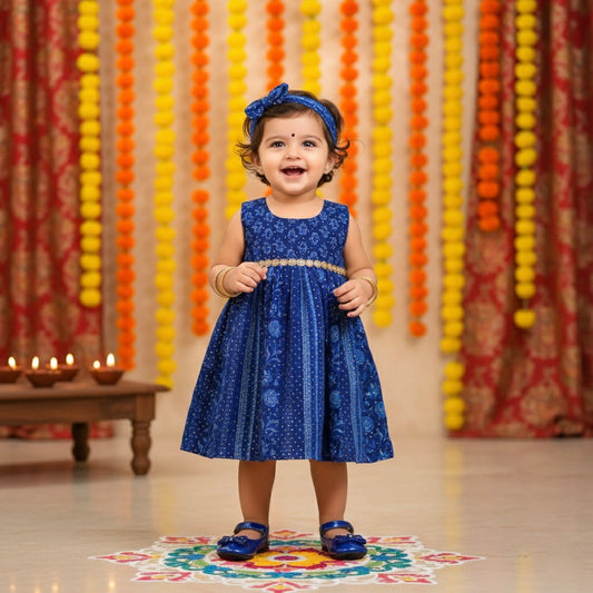 Many Frocks & floral printed lace embellished baby party dress lue