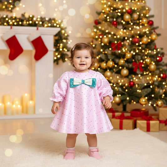 Many Frocks & Satin Short Sleeves Bow Embellished Knee Length Flared A Line  Girls Christmas Party Dress -Pink