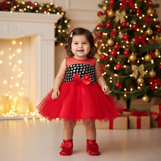 Many Frocks & Net Sleeveless Bow Embellished Knee Length Flared Girls Christmas Party Dress - Red & Black