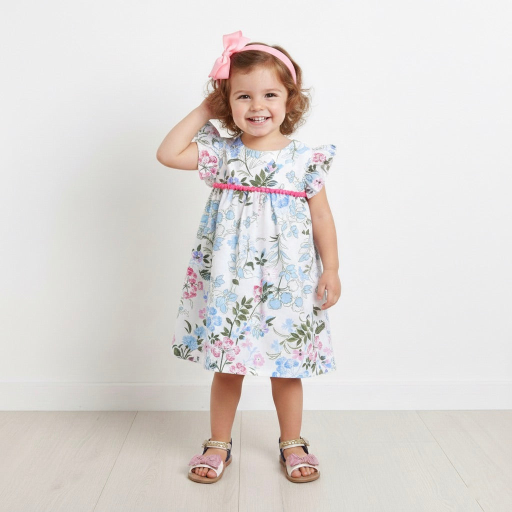 Many Frocks & Cotton Flutter Sleeves Floral Printed Knee Length Baby Causal Dress - White