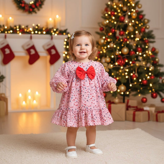 Many Frocks & Georgette Short Sleeves Bow Embellished Knee Length Flared A Line  Girls  Casual  Dress -Pink