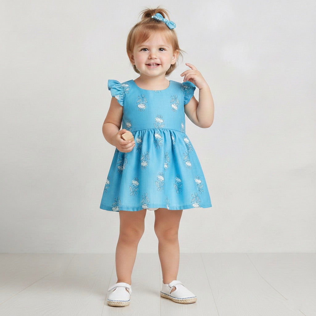 Many Frocks & Flutter Sleeves Knee Length Baby And Girls Casual Dress - Blue