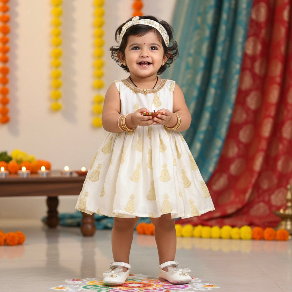Many Frocks golden jhumka weaving knee length baby Onam dress- Cream