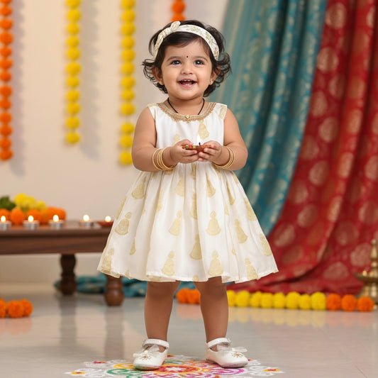 Many Frocks golden jhumka weaving knee length baby Onam dress- Cream
