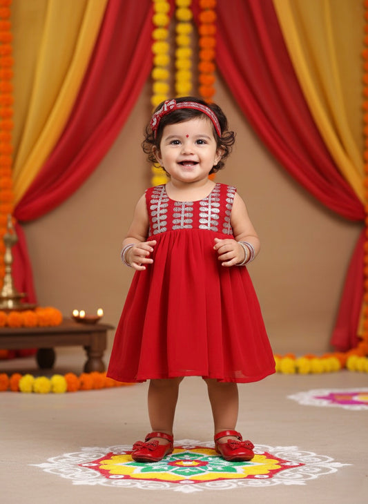 Many Frocks & embroidered knee length baby dress - Maroon