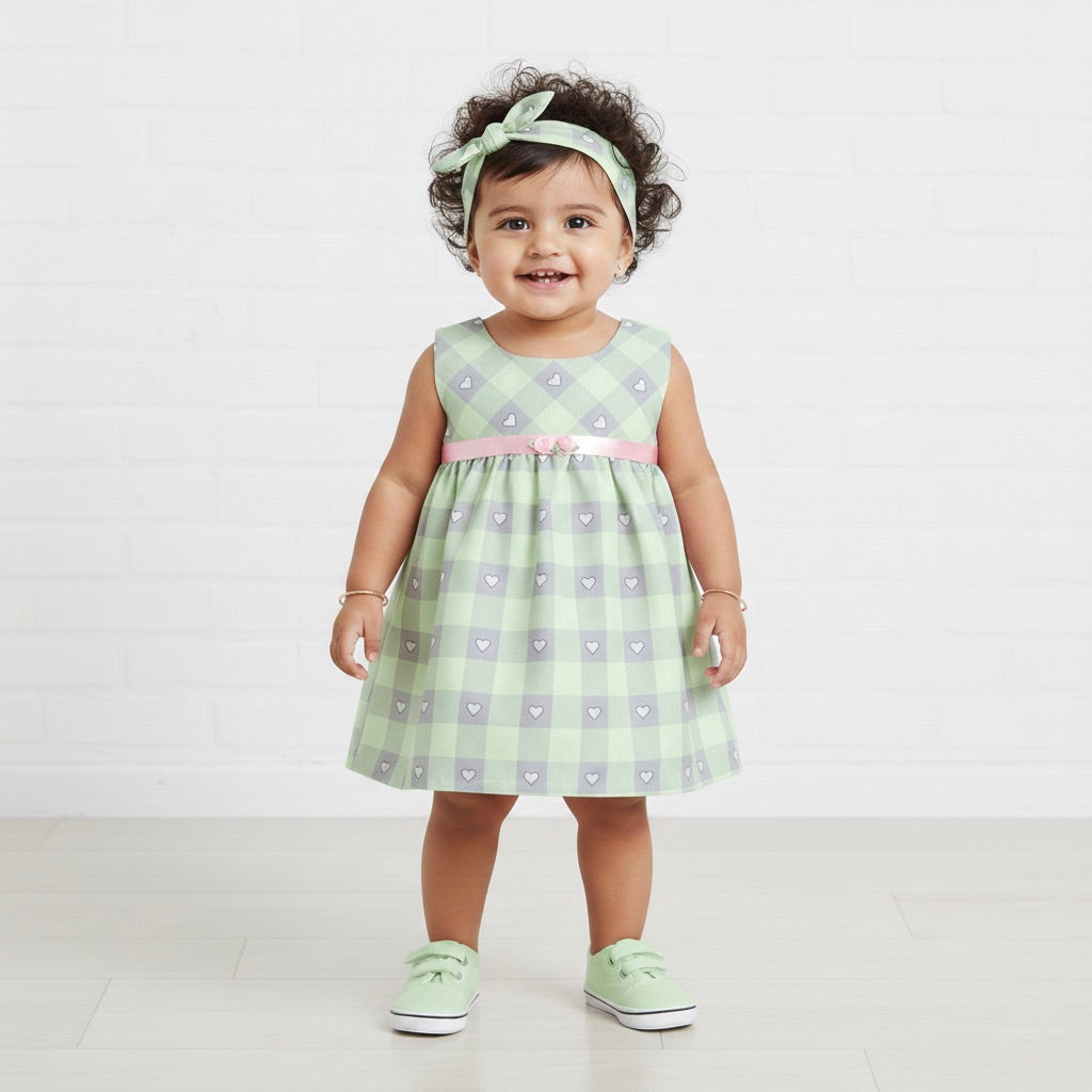 Many Frocks & Sleeveless Heart Printed Knee Length Baby Casual Dress - Green & Grey