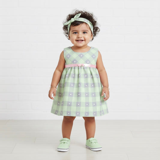 Many Frocks & Sleeveless Heart Printed Knee Length Baby Casual Dress - Green & Grey