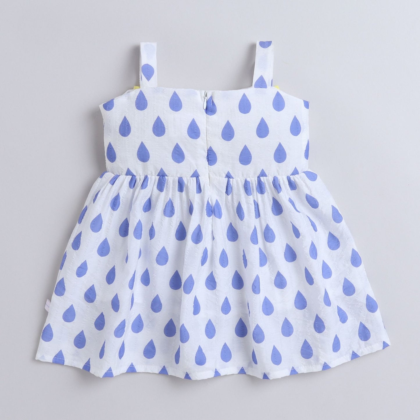 Many Frocks & Crepe Sleeveless Rain Drop Printed With Big Bow Knee Length Baby Causal Dress - White & Blue