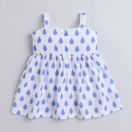 Many Frocks & Crepe Sleeveless Rain Drop Printed With Big Bow Knee Length Baby Causal Dress - White & Blue