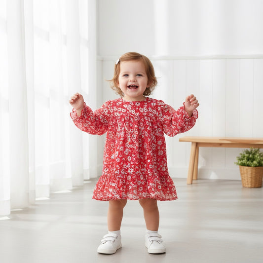 Many Frocks & Georgette Short Sleeves Floral Printed Knee Length Flared A Line  Girls Christmas Casual  Dress -Red