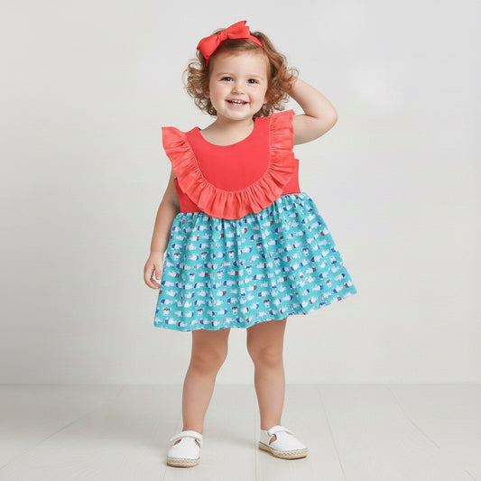 Many Frocks & Cotton Sleeveless Frilled Bear Printed Knee Length Baby Casual Dress-Pink & Green