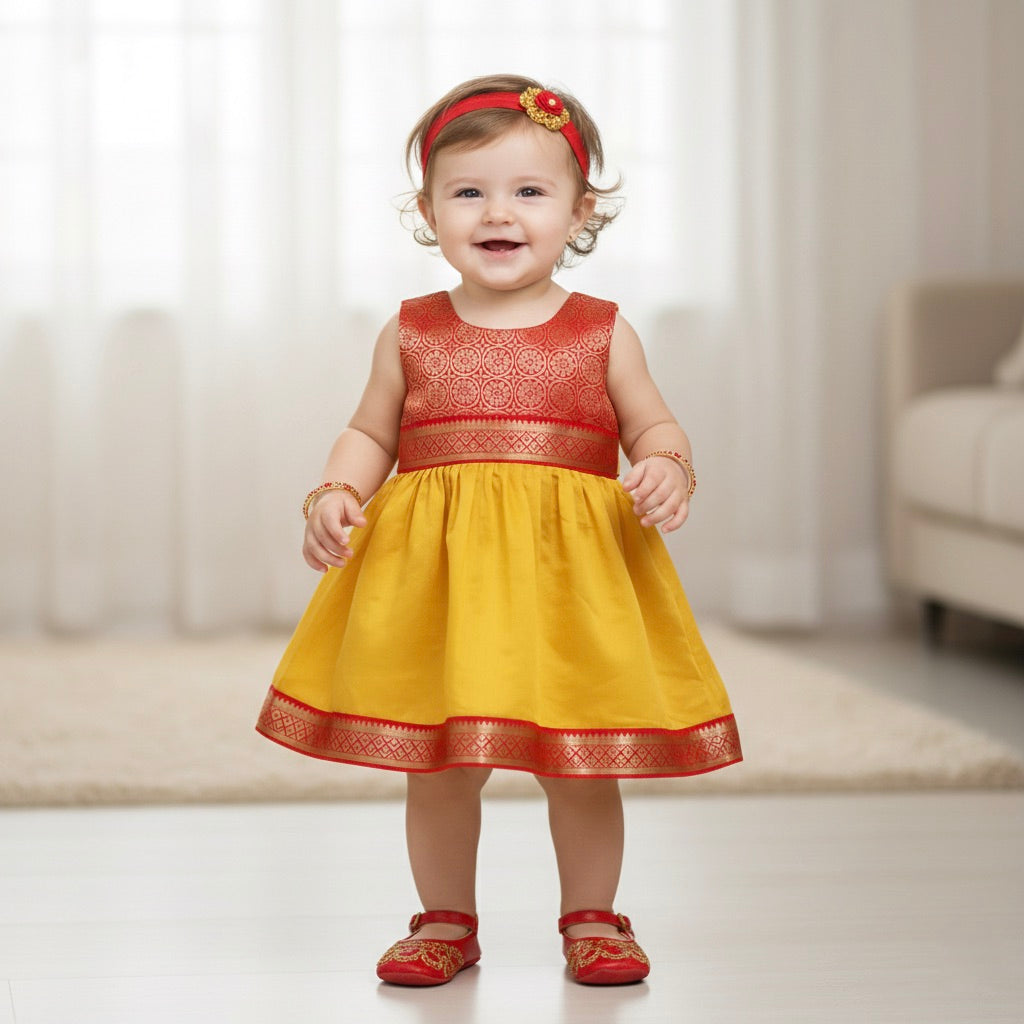 Many Frocks brocade & chanderi sleeveless lace embellished knee length ethnic dress - Red & Yellow