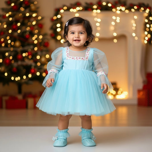 Many Frocks & Net Long Sleeves Lace  Embellished Knee Length Flared Girls Christmas Party Dress - Blue