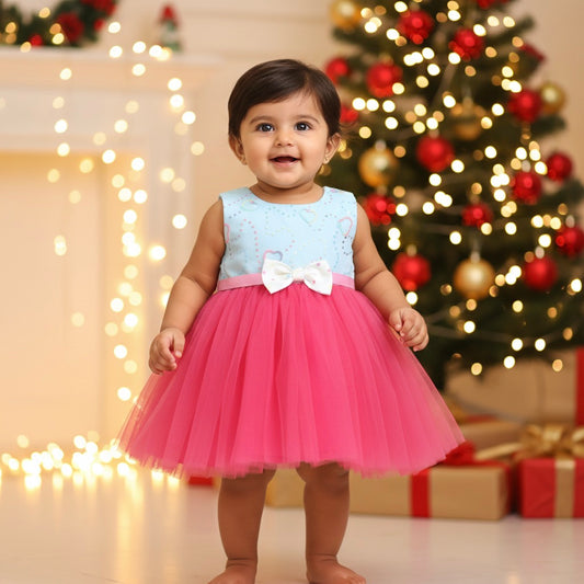 Many Frocks & Sleeveless Bow Embellished Knee Length Flared Girls Christmas Party Dress -Blue & Pink