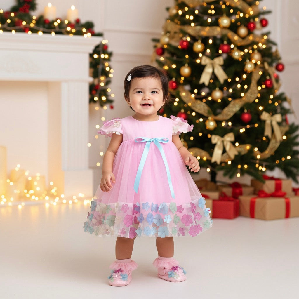 Many Frocks & Net Cap Sleeves 3D Flower Embellished Knee Length Flared Girls Christmas Party Dress - Pink