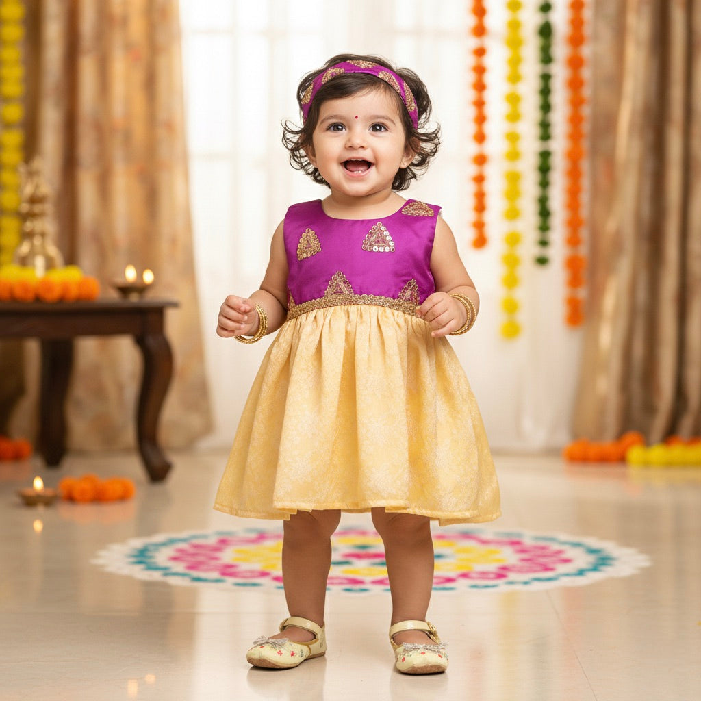 Many Frocks embroidered bodice knee length baby ethnic dress - Purple/Cream