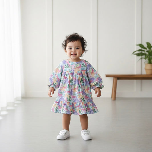 Many Frocks & Cotton Short Sleeves Floral Printed Knee Length Flared A Line  Girls Christmas Casual  Dress -Multi