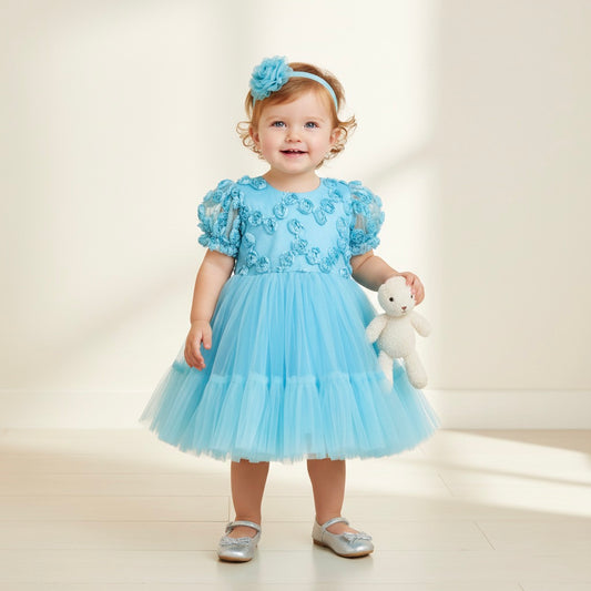 Many Frocks & Net Short Sleeve Tulle And Rose Flared Elegant Knee Length Girls Party Dress-Blue