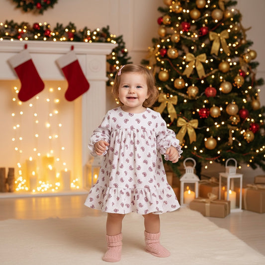 Many Frocks & Short Sleeves Bow Printed Knee Length Flared A Line  Girls Christmas Casual  Dress -White