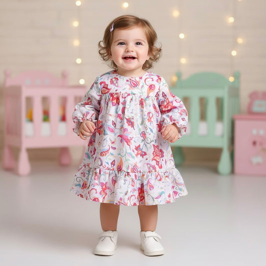 Many Frocks & Short Sleeves Floral Printed Knee Length Flared A Line  Girls Christmas Casual  Dress -Pink
