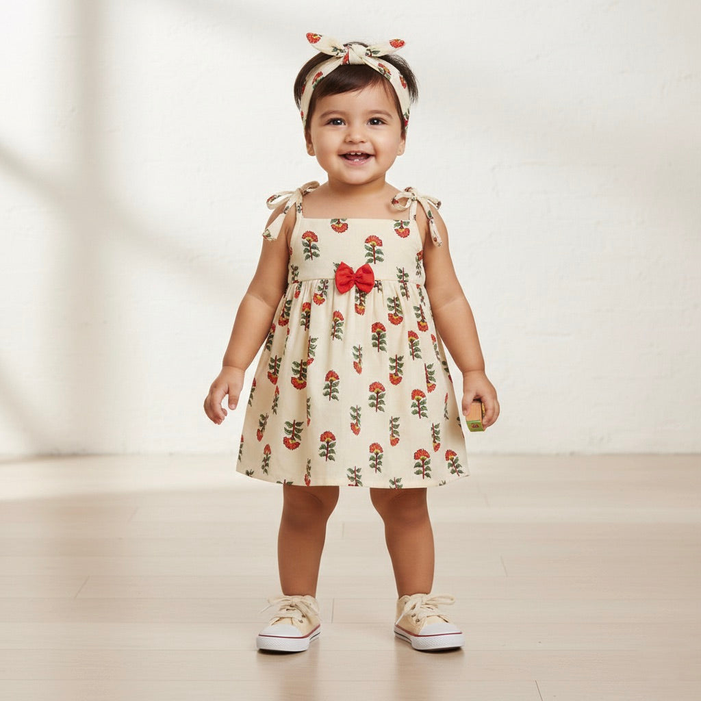 Many Frocks & Cotton Sleeveless Foral Printed Knee Length Baby Dress - Red & Cream