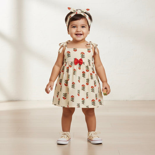 Many Frocks & Cotton Sleeveless Foral Printed Knee Length Baby Dress - Red & Cream